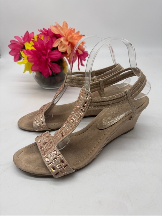 New York Transit Shoes - New York Transit Friendship Tan Wedge Sandals with Gem T-Strap Size 10 MCW9872B